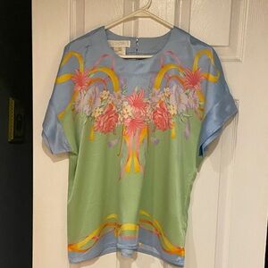 Vintage Escada Floral Silk Top with Ribbon Accents